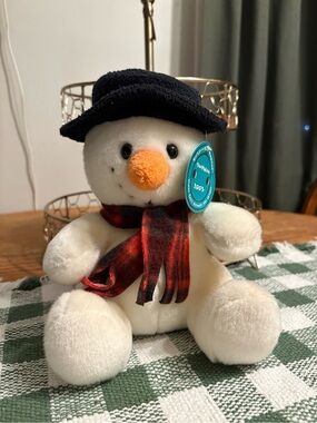 Vintage 2003 Build-A-Bear White Snowman with Black Hat and Red Plaid Scarf